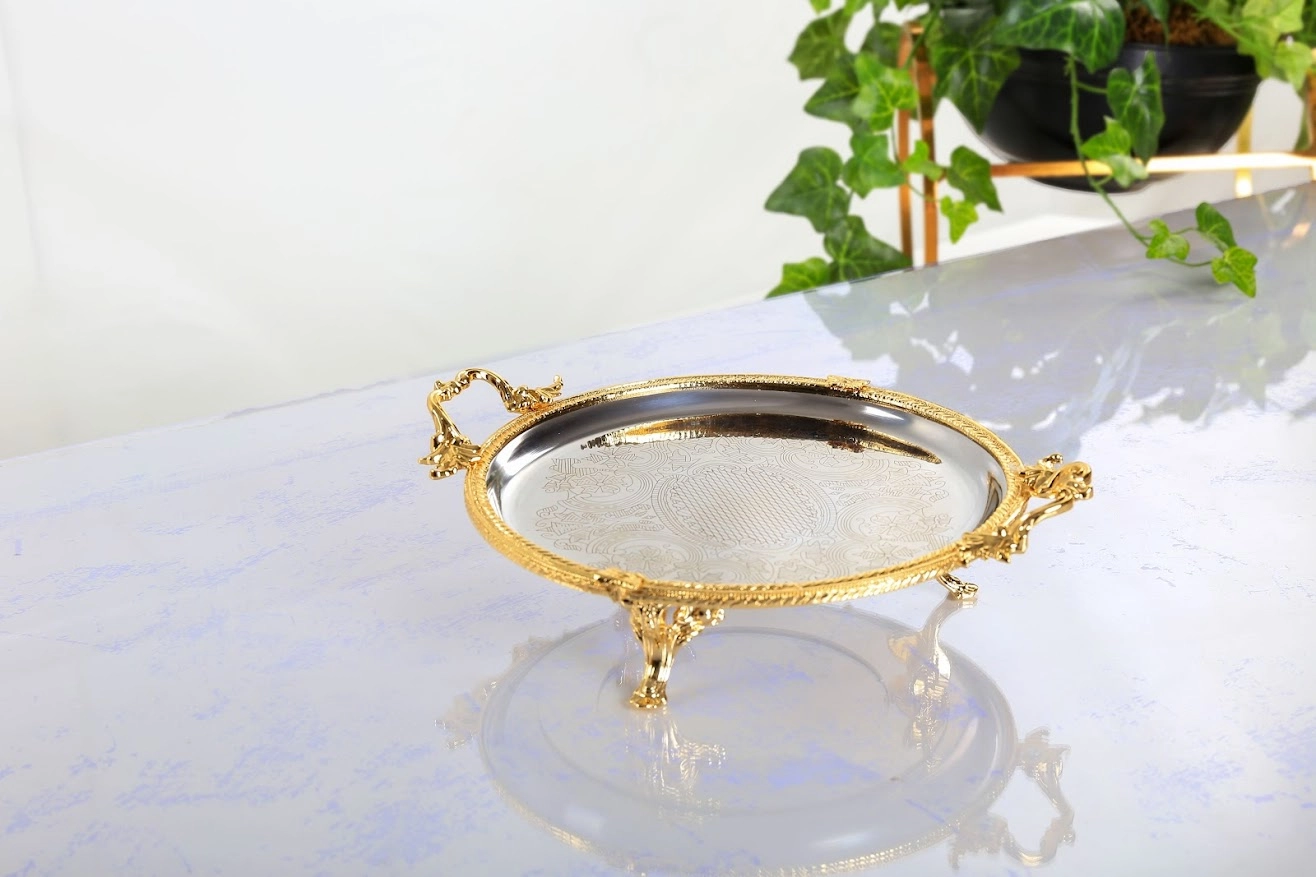 DÖKÜM KENAR ÇERCEVELİ PASLANMAZ ÇELİK TEPSİ 30 CM GÜMÜŞ / GOLD DETAYLI