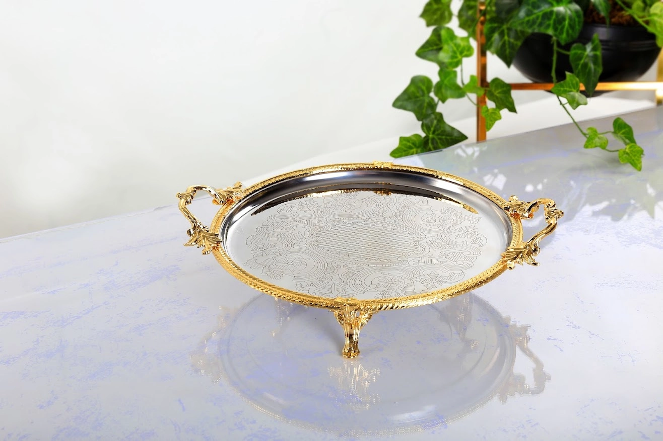 DÖKÜM KENAR ÇERCEVELİ PASLANMAZ ÇELİK TEPSİ 30 CM GÜMÜŞ / GOLD DETAYLI