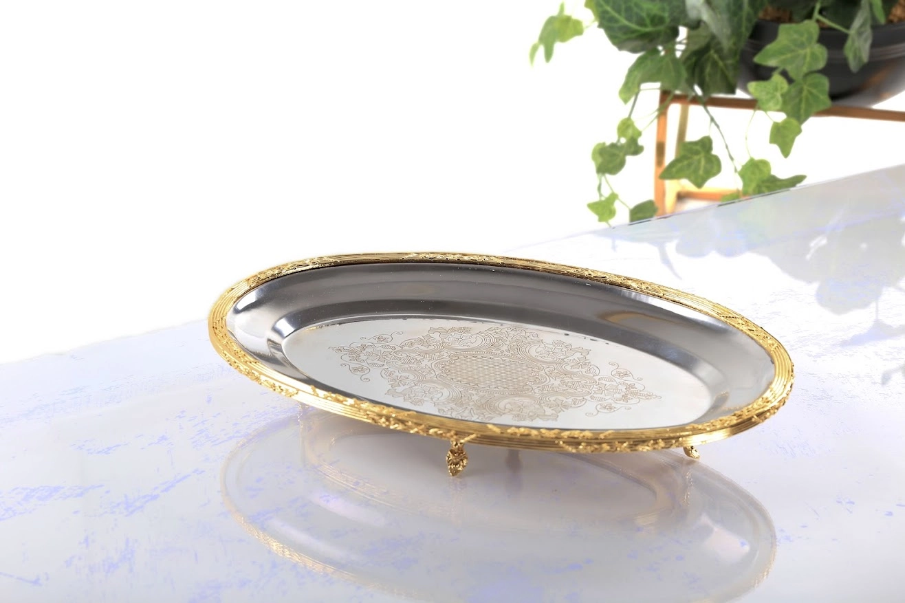 DÖKÜM KENAR ÇERCEVELİ PASLANMAZ ÇELİK OVAL SUNUM TABAĞI 35 CM GÜMÜŞ / GOLD DETAYLI