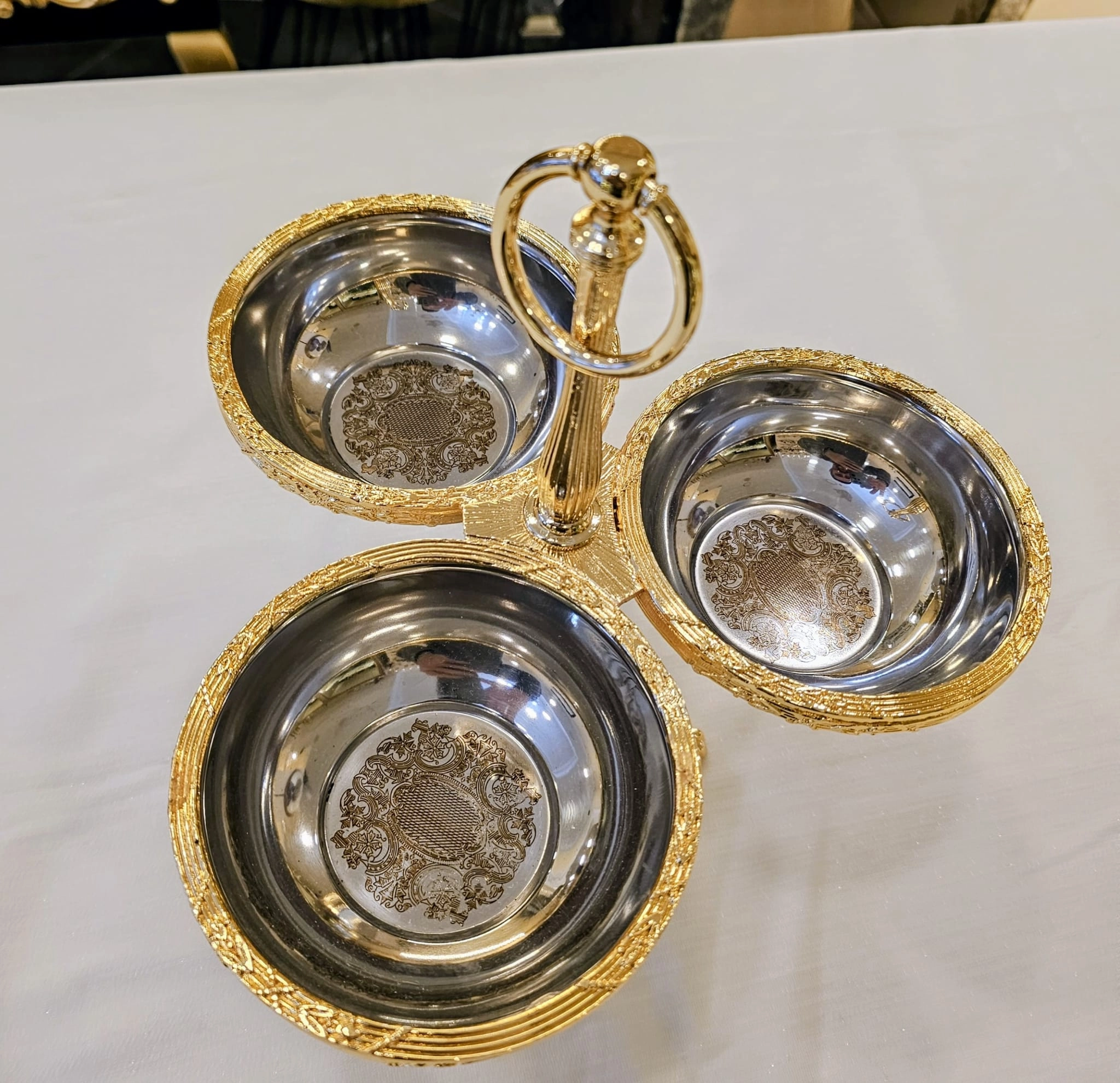 KLASİK AYAKLI PASLANMAZ ÇELİK 3 LÜ ÇEREZLİK GOLD DETAYLI
