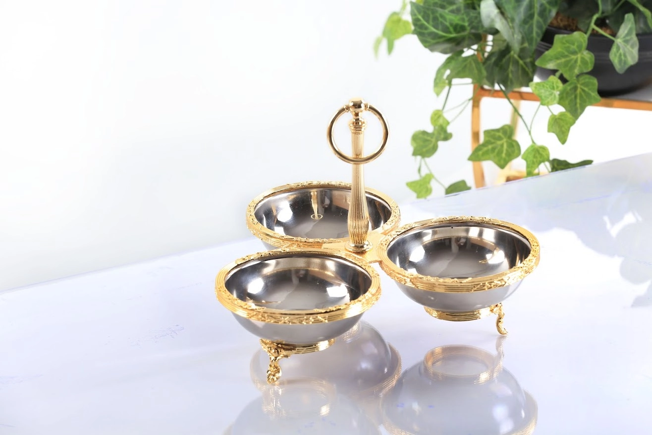 KLASİK AYAKLI PASLANMAZ ÇELİK 3 LÜ ÇEREZLİK GOLD DETAYLI