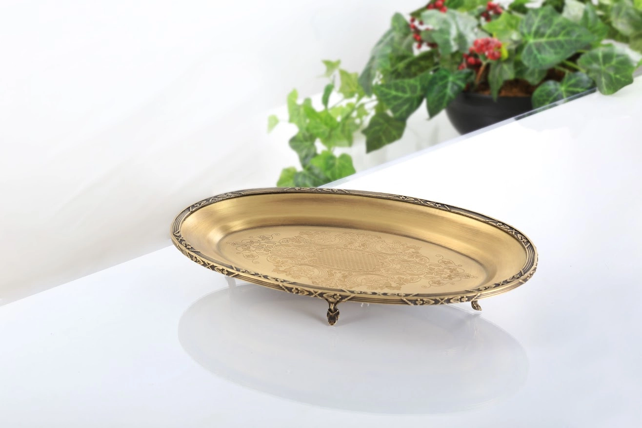 DÖKÜM KENAR ÇERCEVELİ PASLANMAZ ÇELİK OVAL SUNUM TABAĞI 38 CM ANTİK