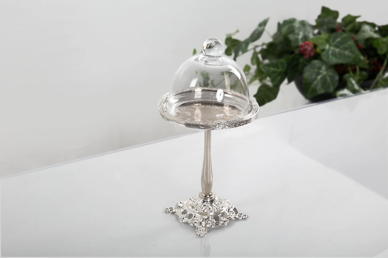 1 PARÇA DÖKÜM AYAKLI PASLANMAZ ÇELİK CAM FANUS 15 CM. GÜMÜŞ