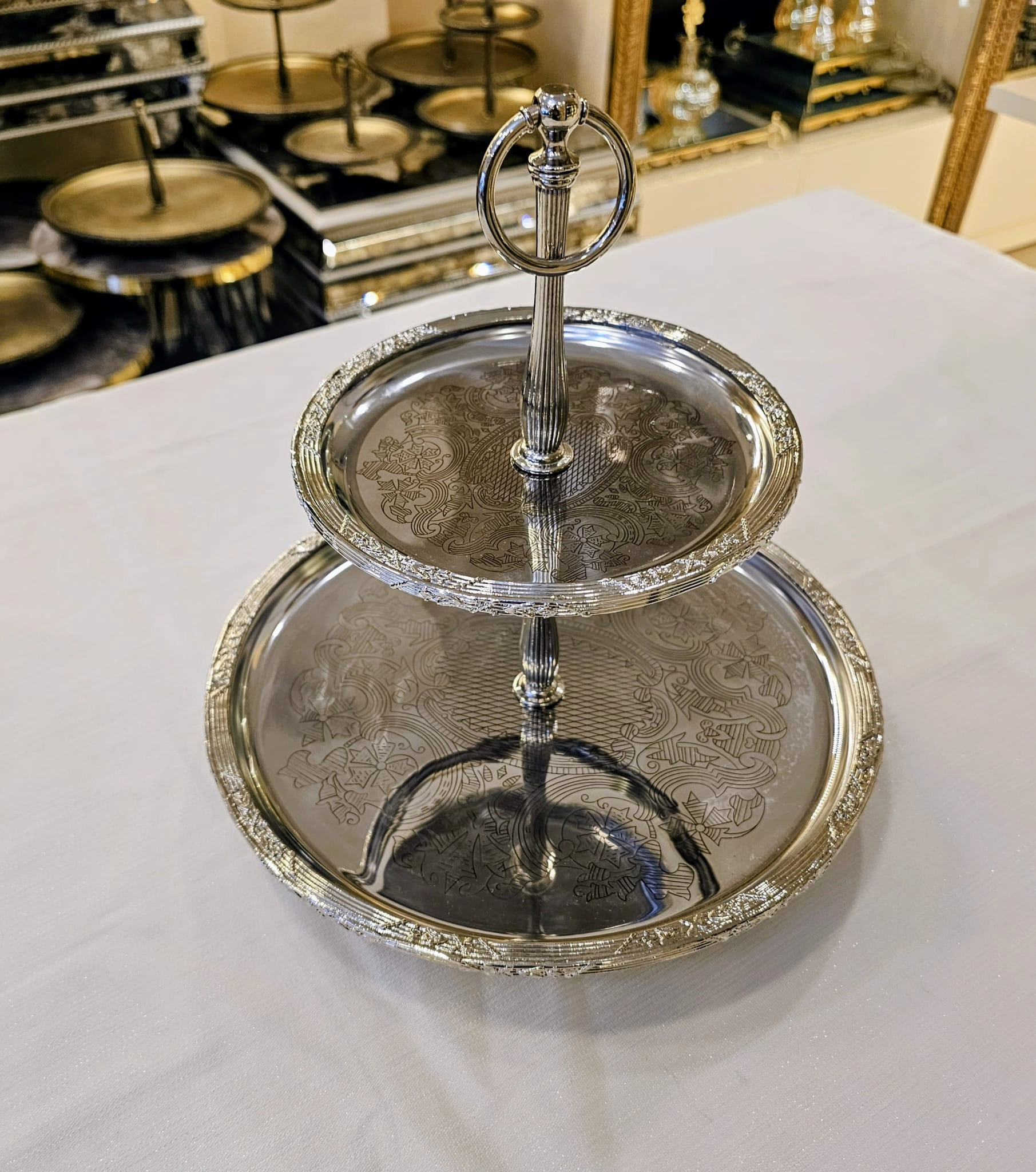 2 KATLI PASLANMAZ ÇELİK SUNUM TABAĞI 22/15 cm. GÜMÜŞ