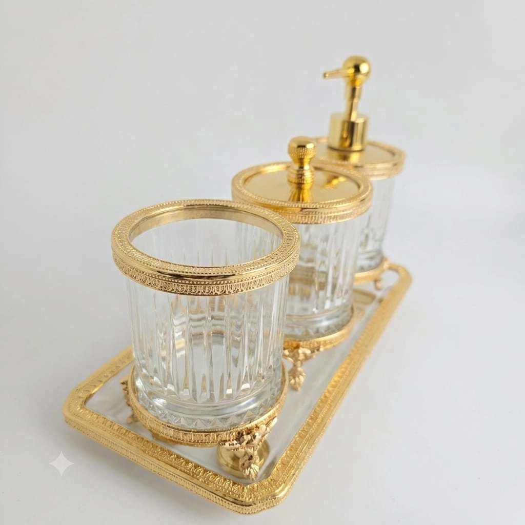 4 PARÇA GOLD DETAYLI TEZGAH ÜSTÜ  BANYO SETİ 