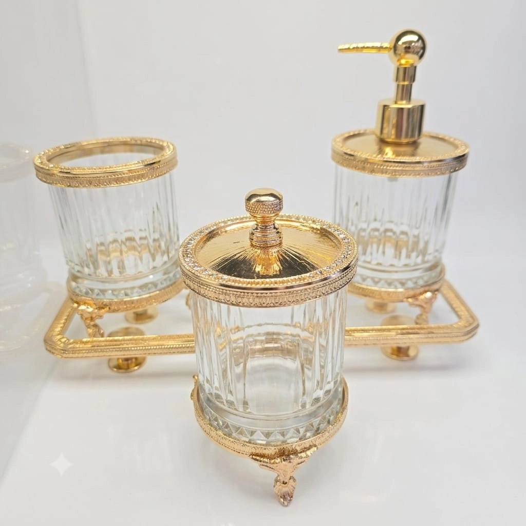 4 PARÇA GOLD DETAYLI TEZGAH ÜSTÜ  BANYO SETİ 