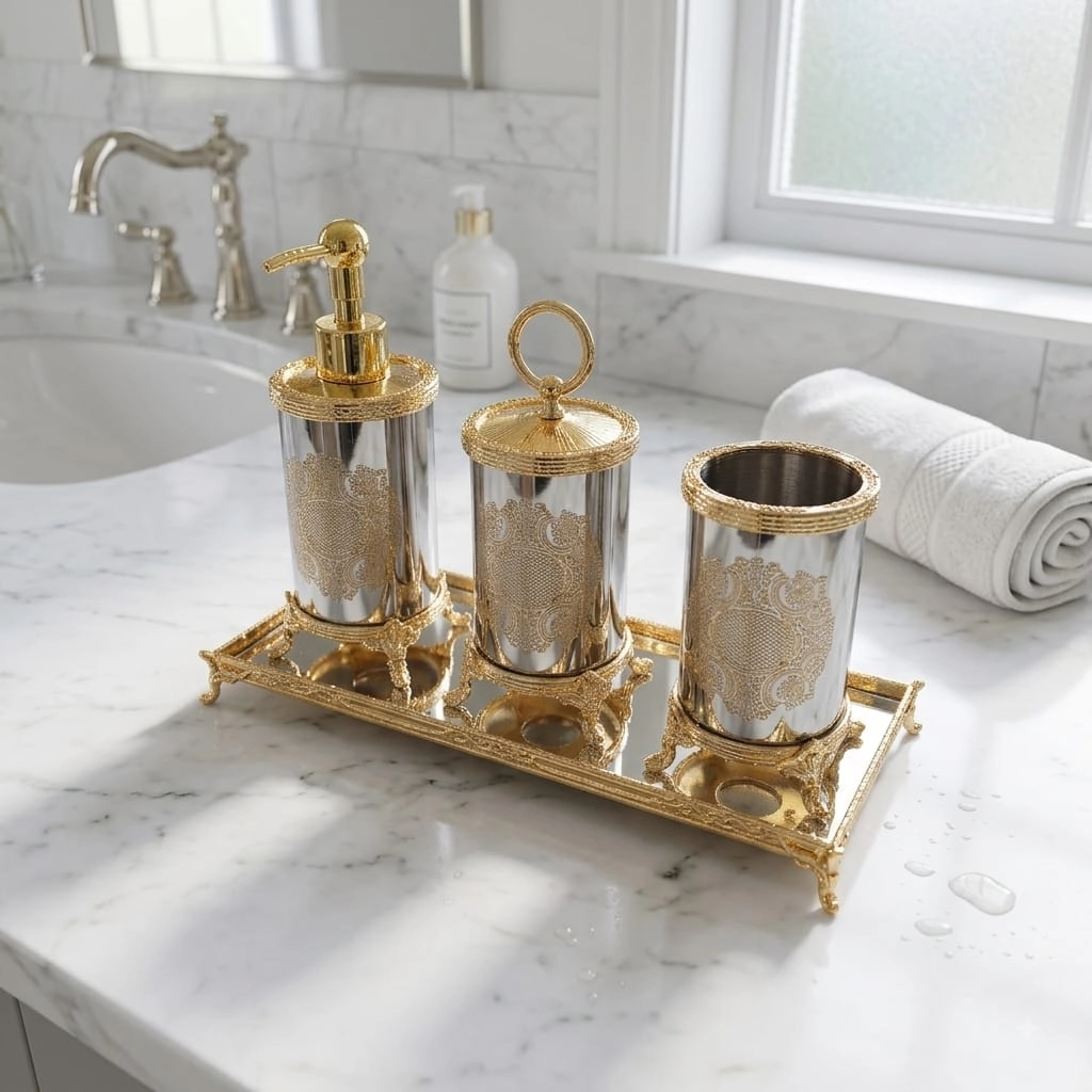 GRAVÜR DETAYLI BANYO AKSESUAR SETİ GOLD