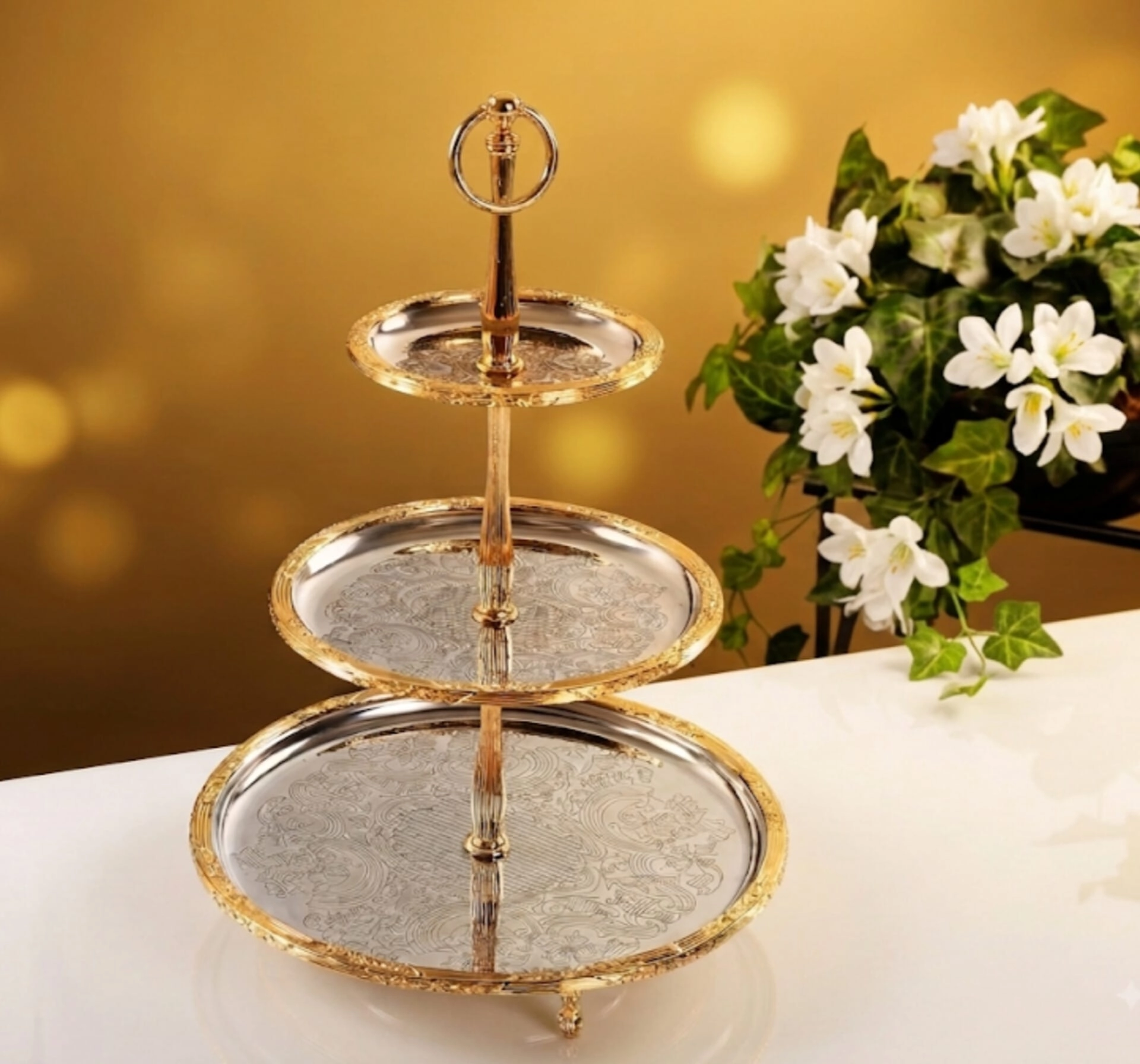 ÜÇ KATLI PASLANMAZ ÇELİK SUNUM TABAĞI 30*22*15