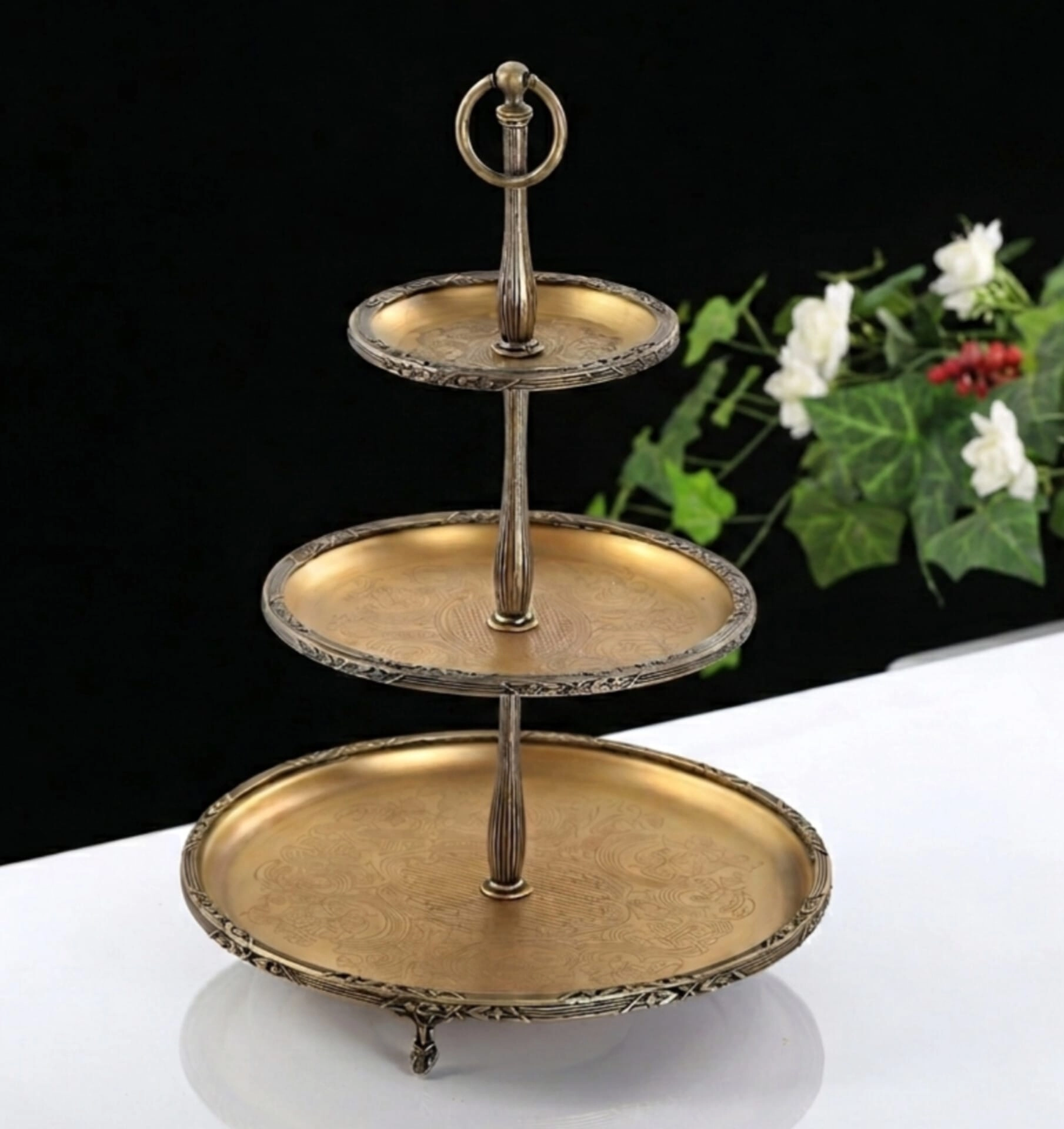 ÜÇ KATLI PASLANMAZ ÇELİK SUNUM TABAĞI 30*22*15 BRONZ RENK