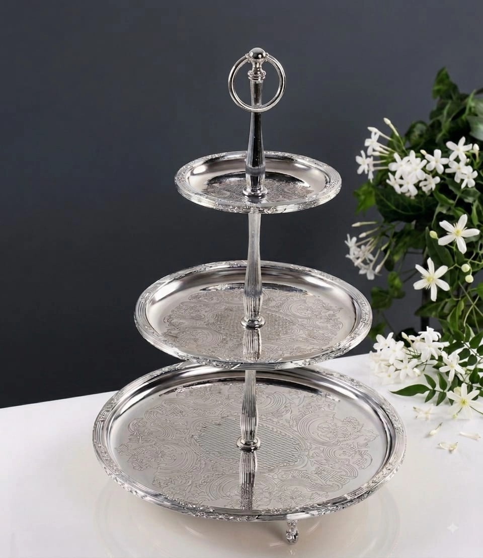 ÜÇ KATLI PASLANMAZ ÇELİK SUNUM TABAĞI 30*22*15 GÜMÜŞ