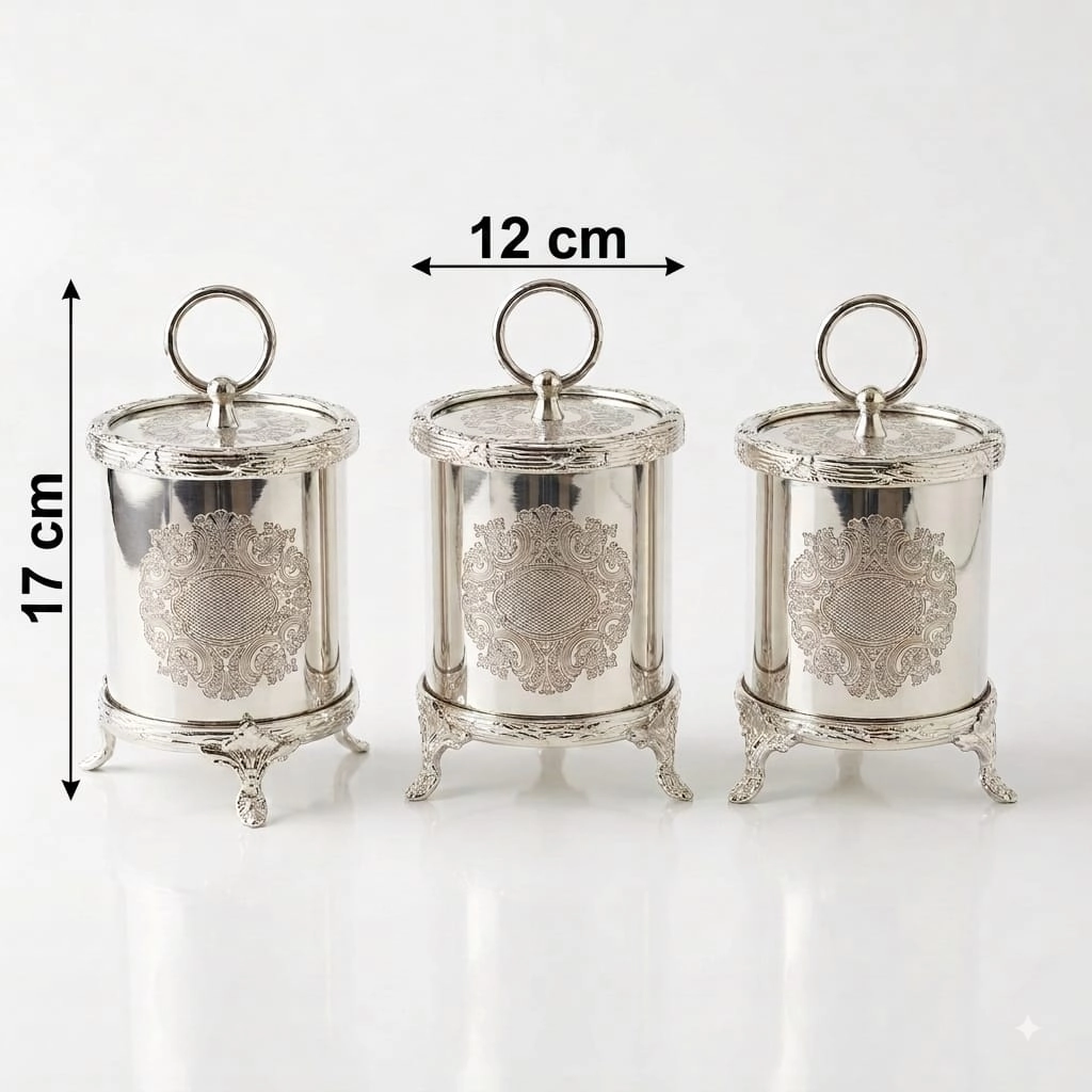 3 LÜ GRAVÜR DESENLİ AYAKLI METAL KAVANOZ & BAHARATLIK SETİ ( ŞEKERLİK / İKRAMLIK ) GÜMÜŞ