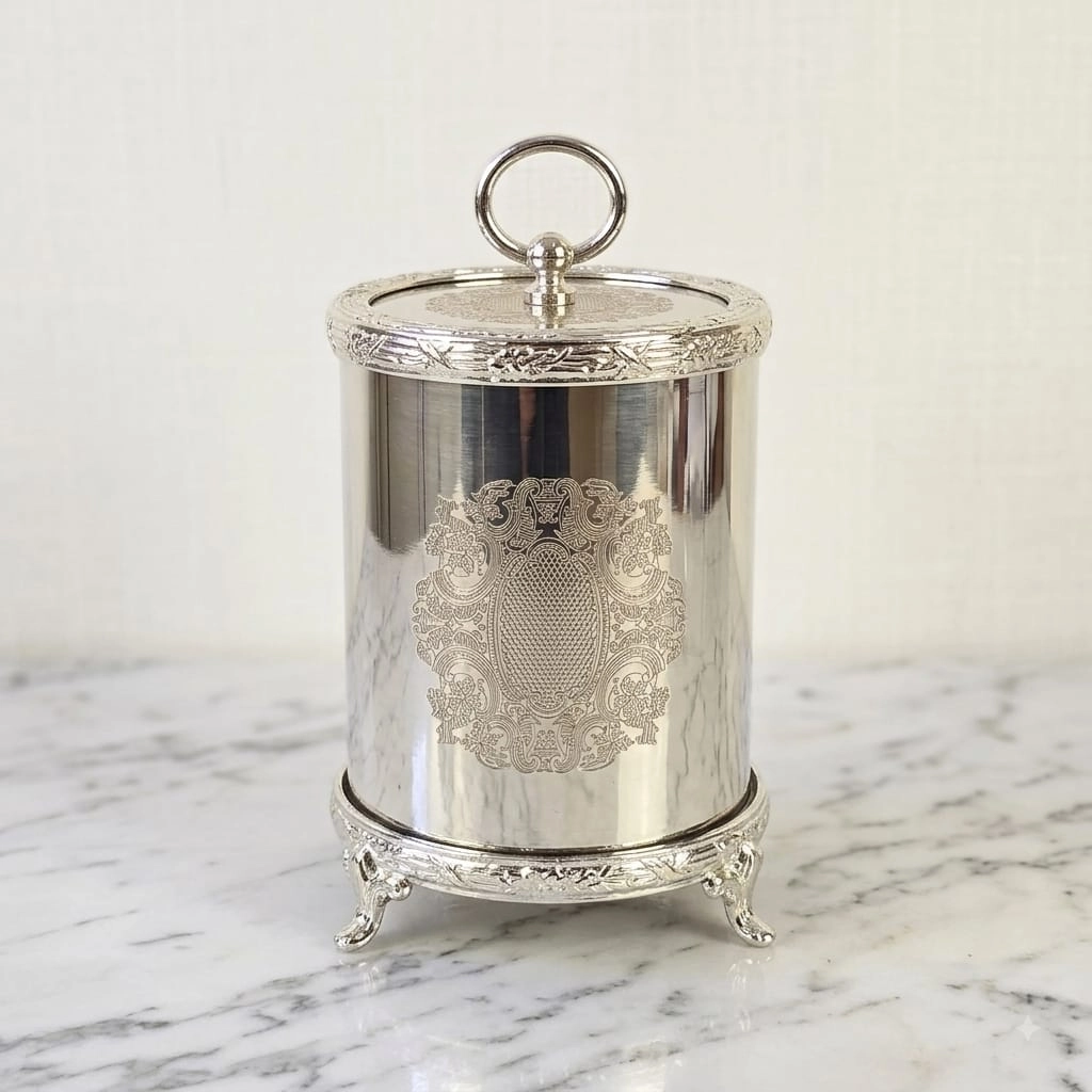 3 LÜ GRAVÜR DESENLİ AYAKLI METAL KAVANOZ & BAHARATLIK SETİ ( ŞEKERLİK / İKRAMLIK ) GÜMÜŞ