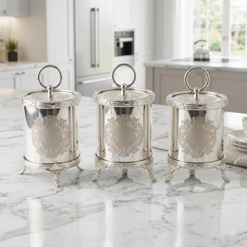 3 LÜ GRAVÜR DESENLİ AYAKLI METAL KAVANOZ & BAHARATLIK SETİ ( ŞEKERLİK / İKRAMLIK ) GÜMÜŞ