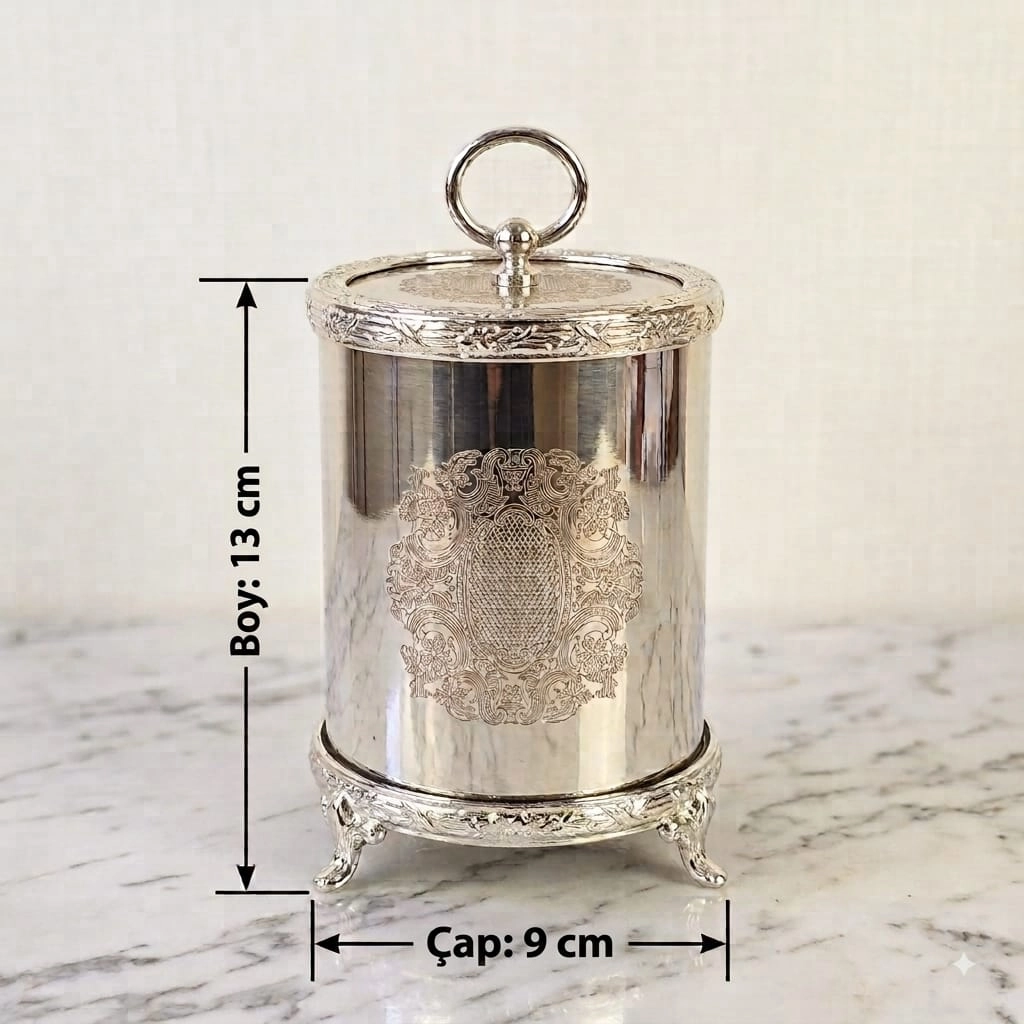 3 LÜ GRAVÜR DESENLİ AYAKLI METAL BAHARATLIK SETİ GÜMÜŞ