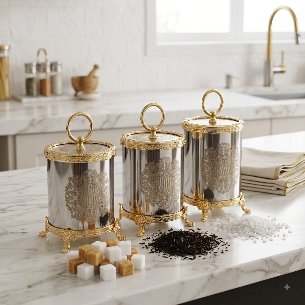 3 LÜ GRAVÜR DESENLİ AYAKLI METAL KAVANOZ & BAHARATLIK SETİ ( ŞEKERLİK /İKRAMLIK ) GOLD