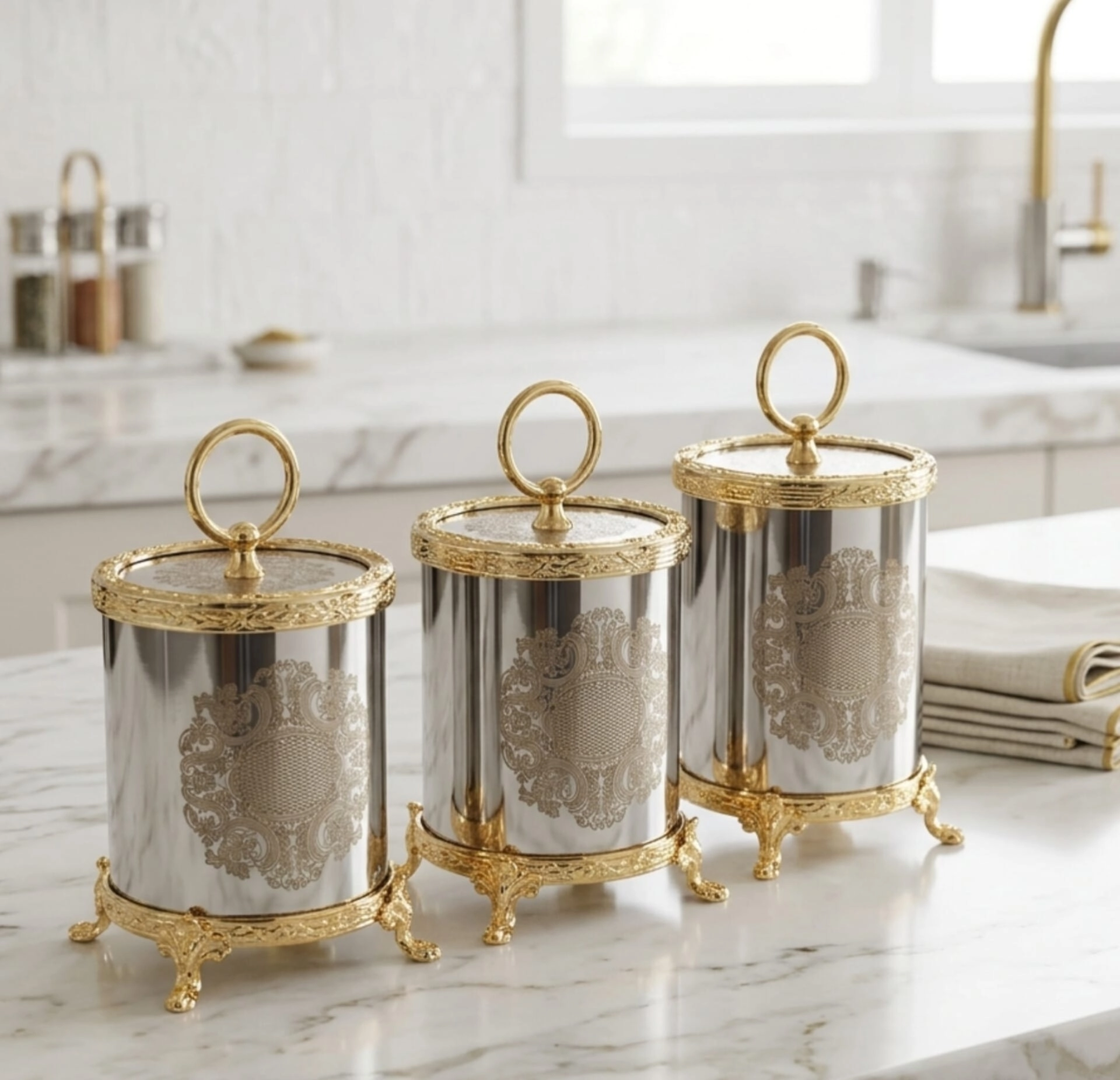 3 LÜ GRAVÜR DESENLİ AYAKLI METAL KAVANOZ & BAHARATLIK SETİ ( ŞEKERLİK /İKRAMLIK ) GOLD