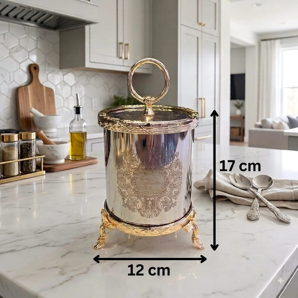 3 LÜ GRAVÜR DESENLİ AYAKLI METAL KAVANOZ & BAHARATLIK SETİ ( ŞEKERLİK /İKRAMLIK ) GOLD