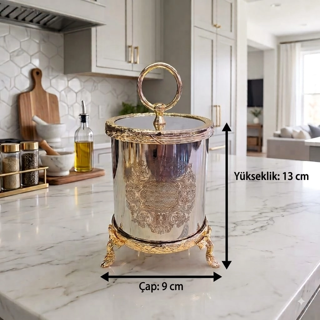 3 LÜ GRAVÜR DESENLİ AYAKLI METAL BAHARATLIK SET GOLD