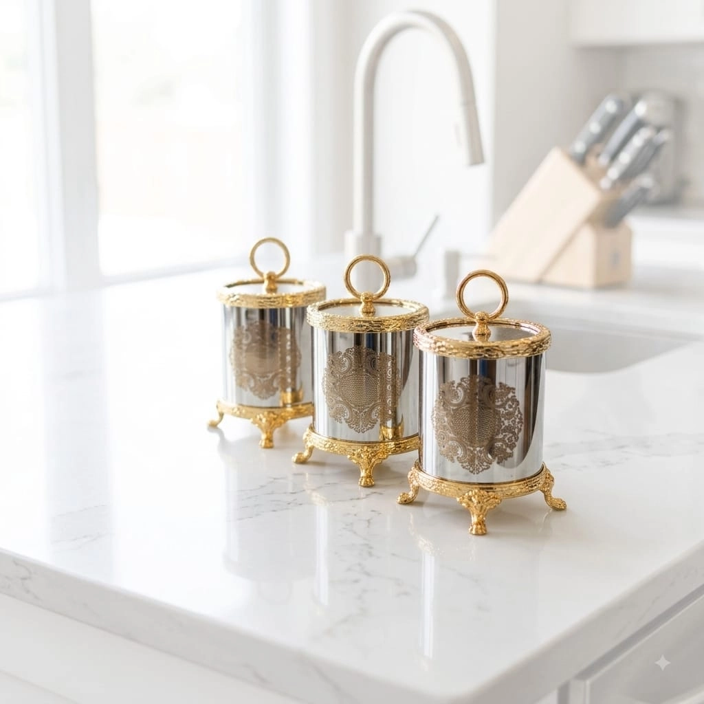 3 LÜ GRAVÜR DESENLİ AYAKLI METAL BAHARATLIK SET GOLD