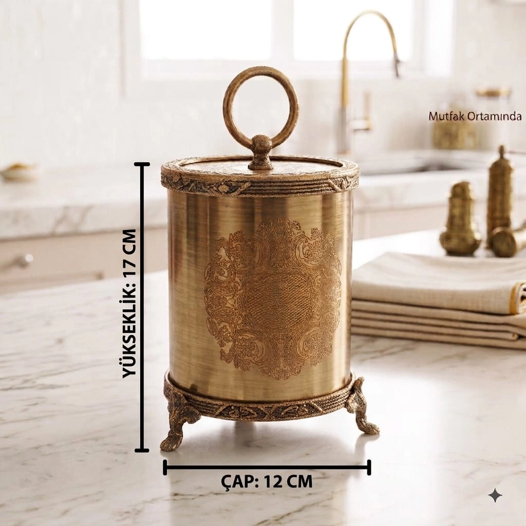 3 LÜ GRAVÜR DESENLİ AYAKLI METAL KAVANOZ & BAHARATLIK SETİ ( ŞEKERLİK /İKRAMLIK ) BRONZ