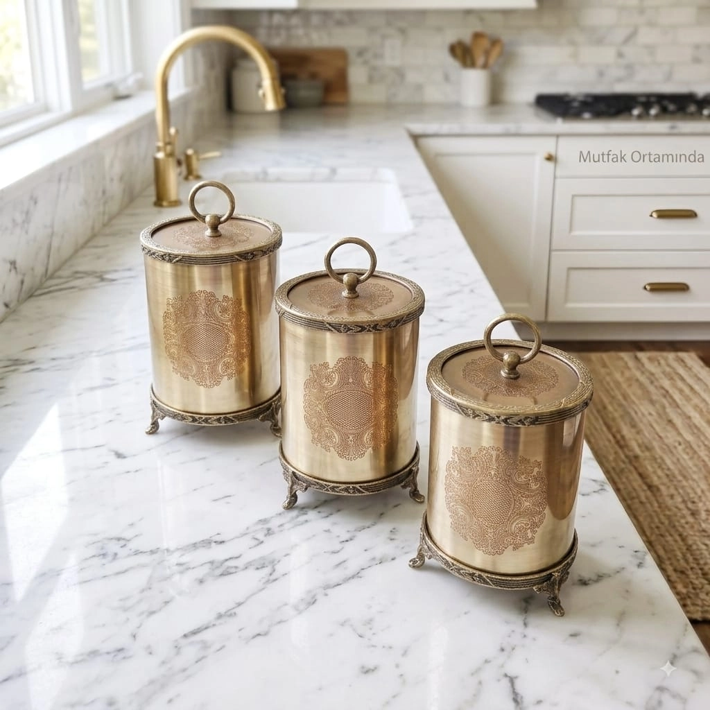 3 LÜ GRAVÜR DESENLİ AYAKLI METAL KAVANOZ & BAHARATLIK SETİ ( ŞEKERLİK /İKRAMLIK ) BRONZ