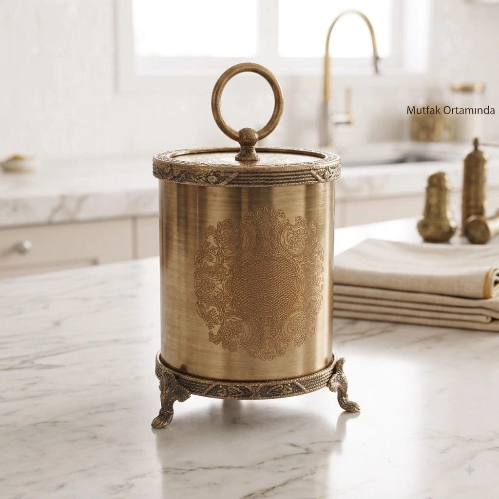 3 LÜ GRAVÜR DESENLİ AYAKLI METAL KAVANOZ & BAHARATLIK SETİ ( ŞEKERLİK /İKRAMLIK ) BRONZ