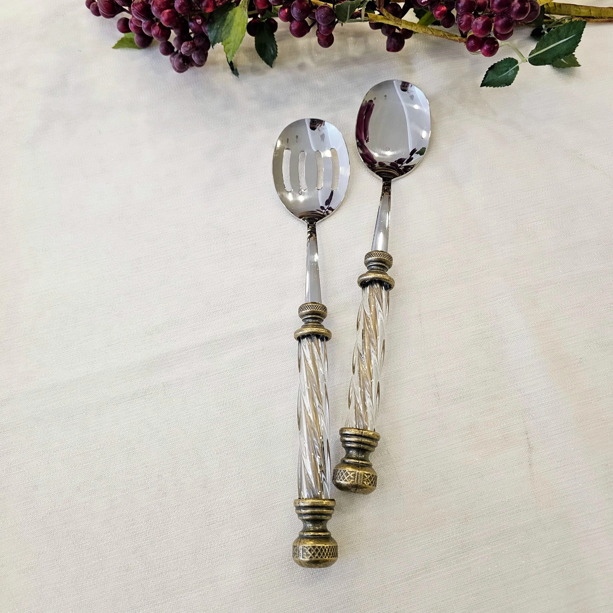 3 PARÇA METAL DÖKÜM ÇERÇEVELİ CAM SALATA VE SERVİS SETİ 31.CM  DERİN KASE ANTİK