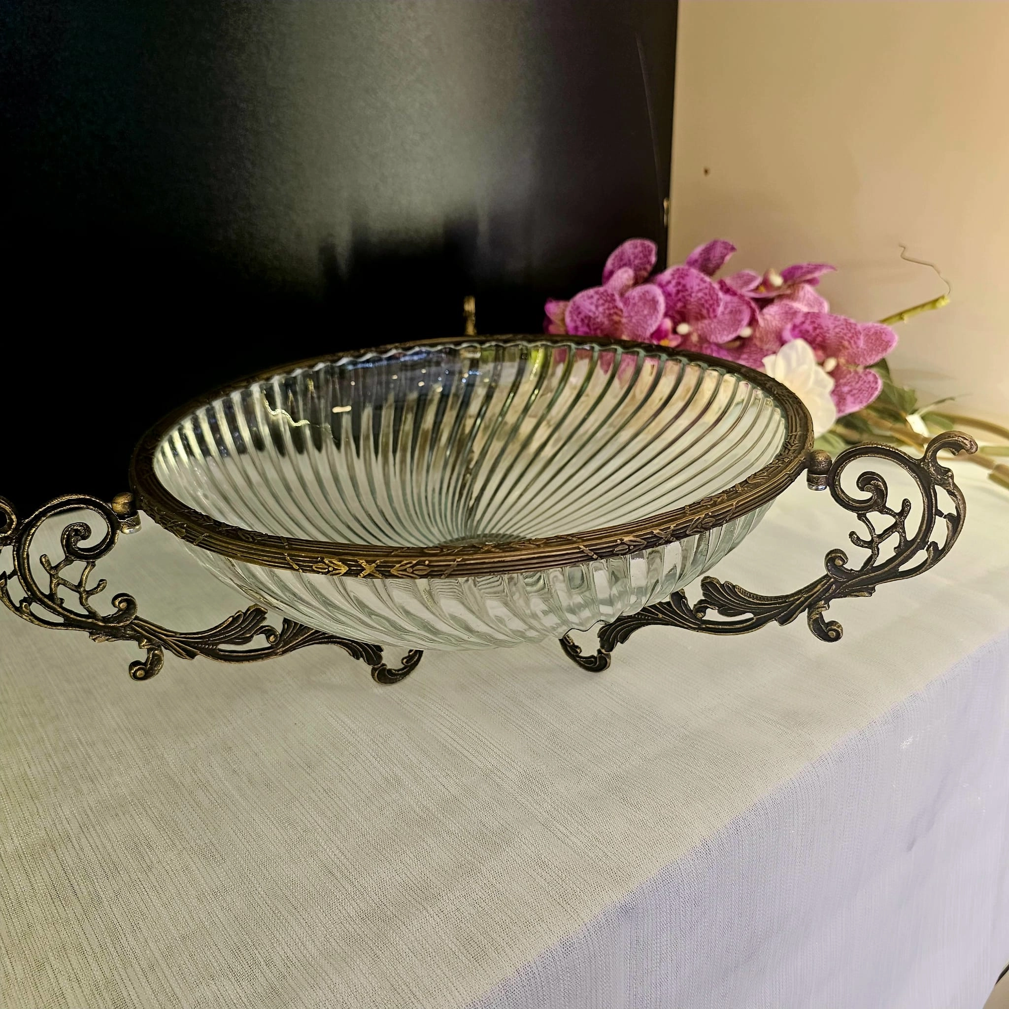 3 PARÇA METAL DÖKÜM ÇERÇEVELİ CAM SALATA VE SERVİS SETİ 31.CM  DERİN KASE ANTİK
