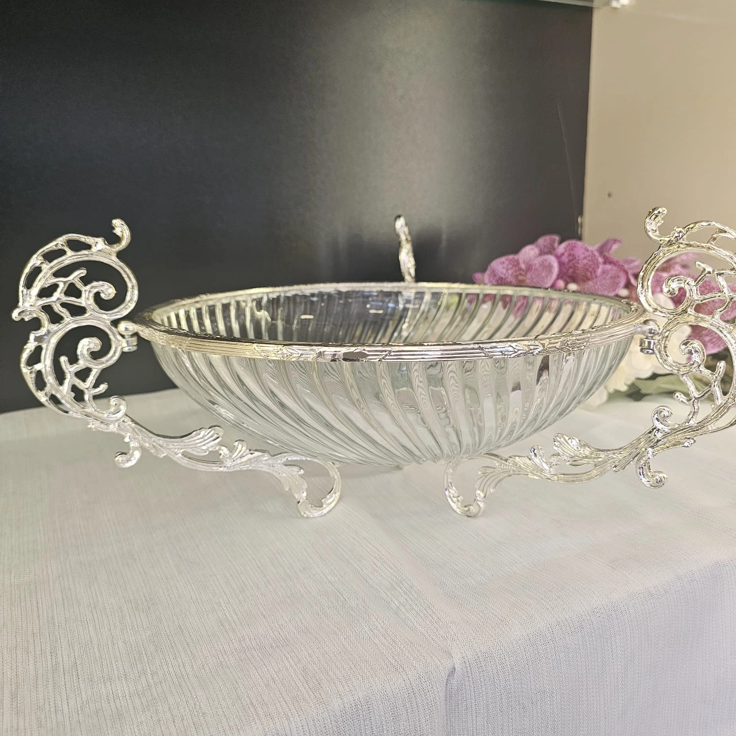 3 PARÇA METAL DÖKÜM ÇERÇEVELİ CAM SALATA VE SERVİS SETİ 31.CM DERİN KASE GÜMÜŞ