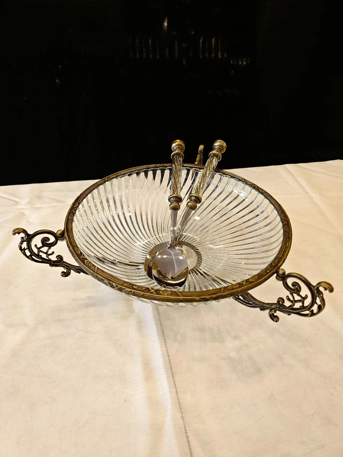 3 PARÇA METAL DÖKÜM ÇERÇEVELİ CAM SALATA VE SERVİS SETİ 31.CM  DERİN KASE ANTİK