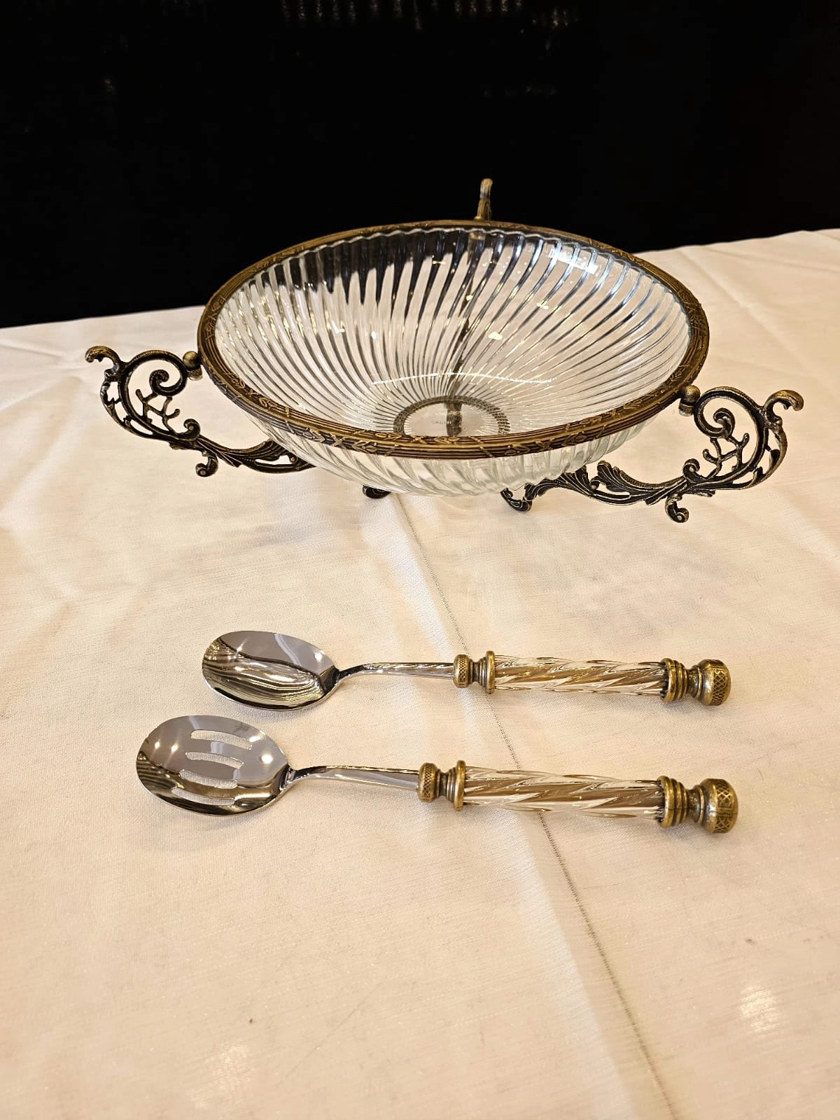 3 PARÇA METAL DÖKÜM ÇERÇEVELİ CAM SALATA VE SERVİS SETİ 31.CM  DERİN KASE ANTİK