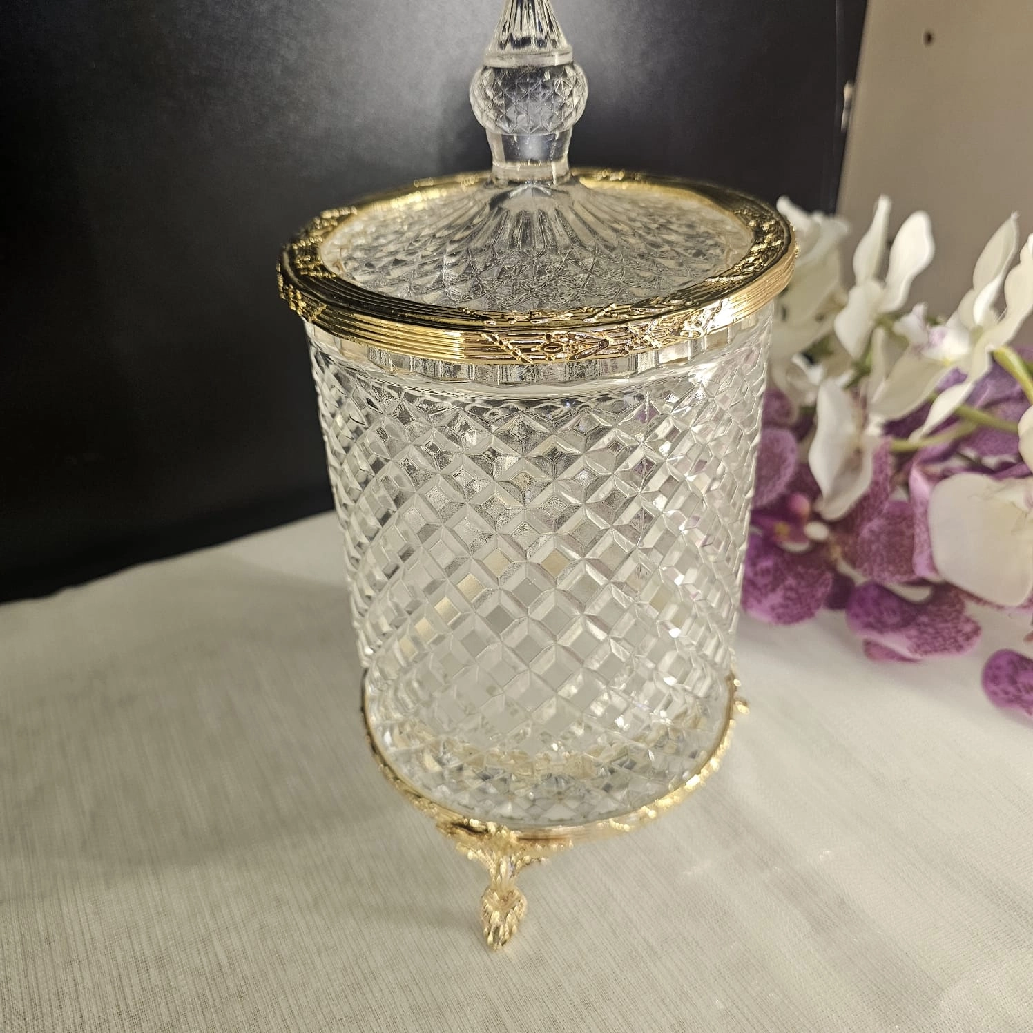 DÖKÜM AYAKLI KRISTAL CAM KAVANOZ 3 LÜ SET GOLD