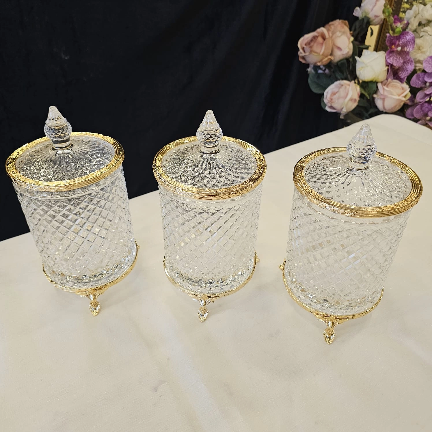 DÖKÜM AYAKLI KRISTAL CAM KAVANOZ 3 LÜ SET GOLD