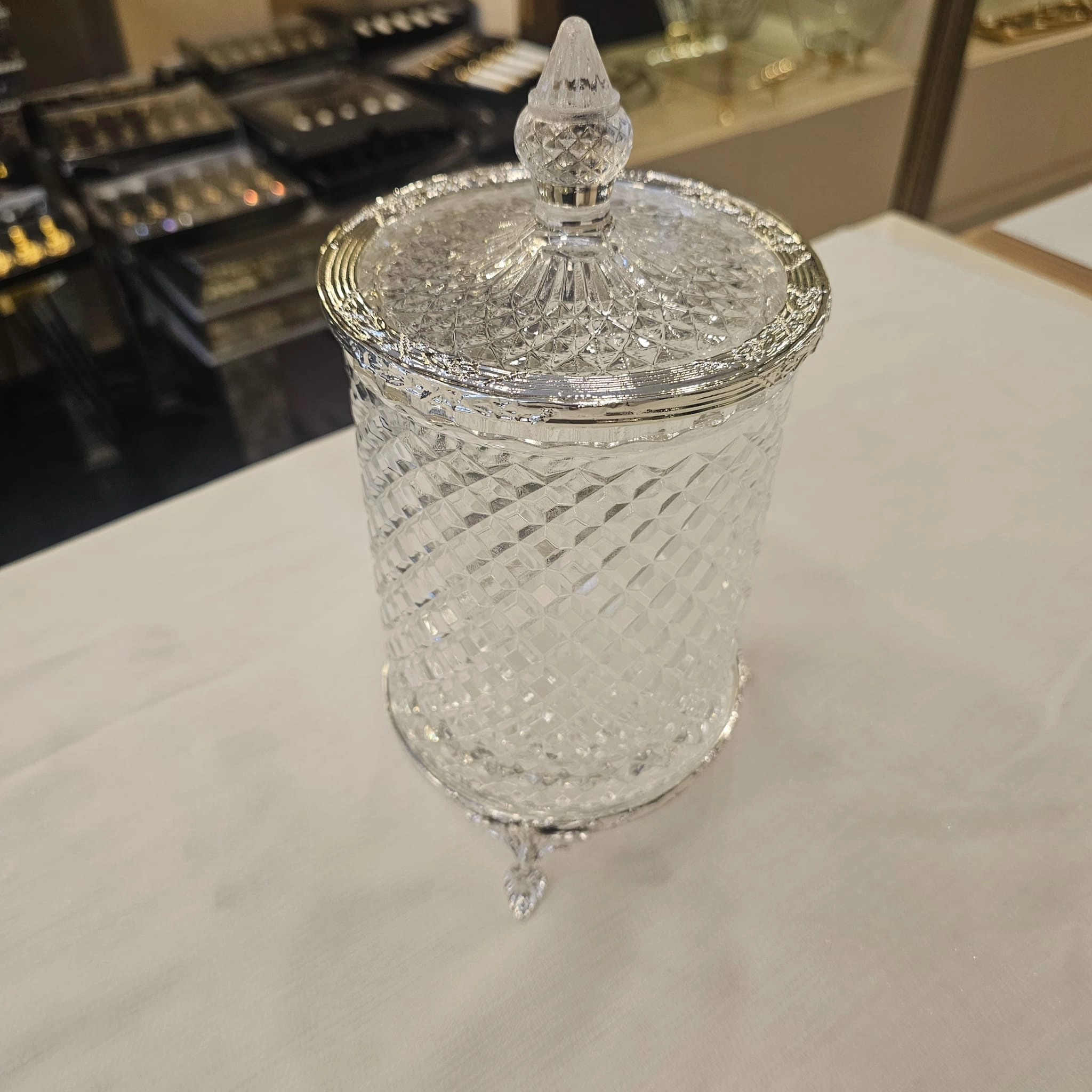 DÖKÜM AYAKLI KRISTAL CAM KAVANOZ 3 LÜ SET GÜMÜŞ