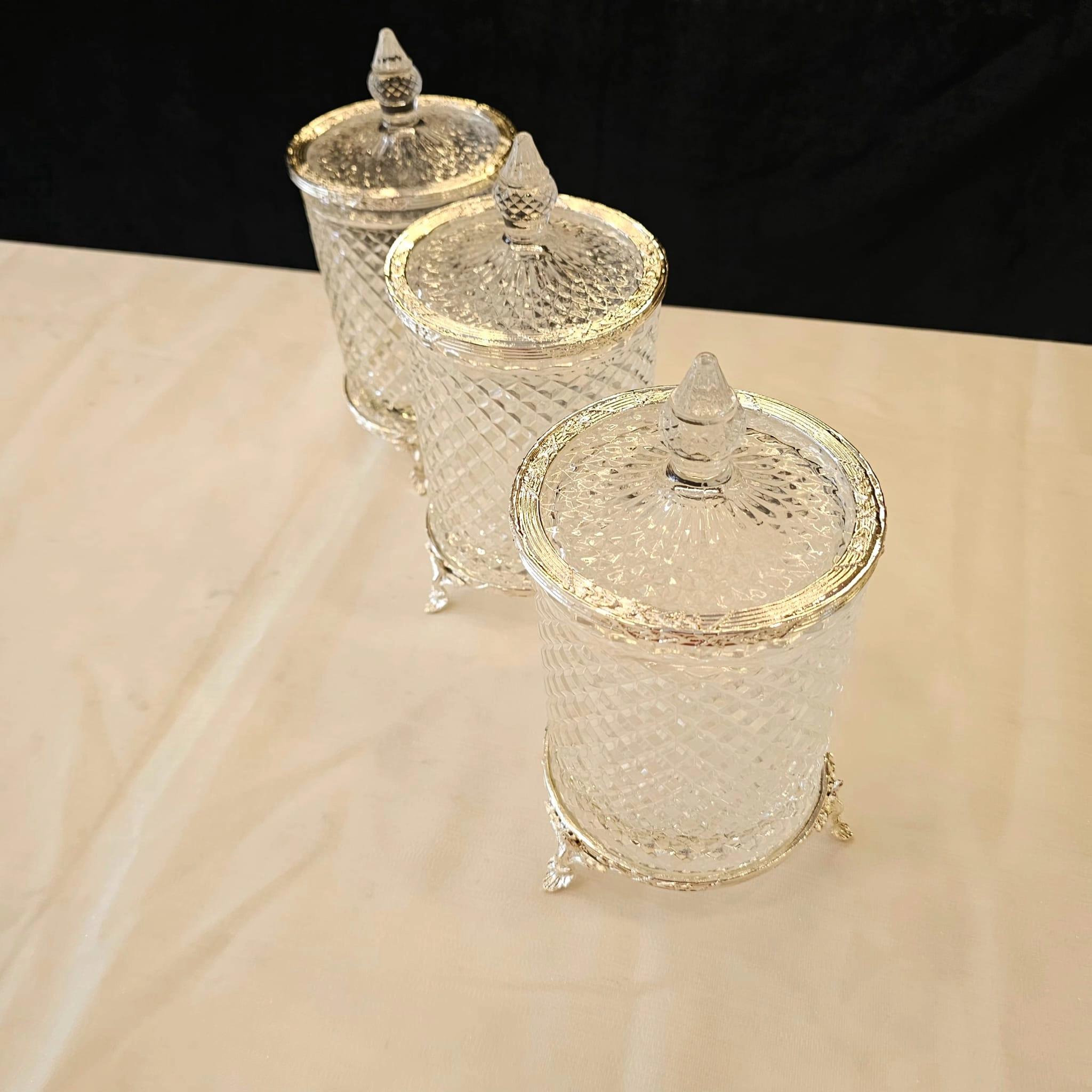 DÖKÜM AYAKLI KRISTAL CAM KAVANOZ 3 LÜ SET GÜMÜŞ